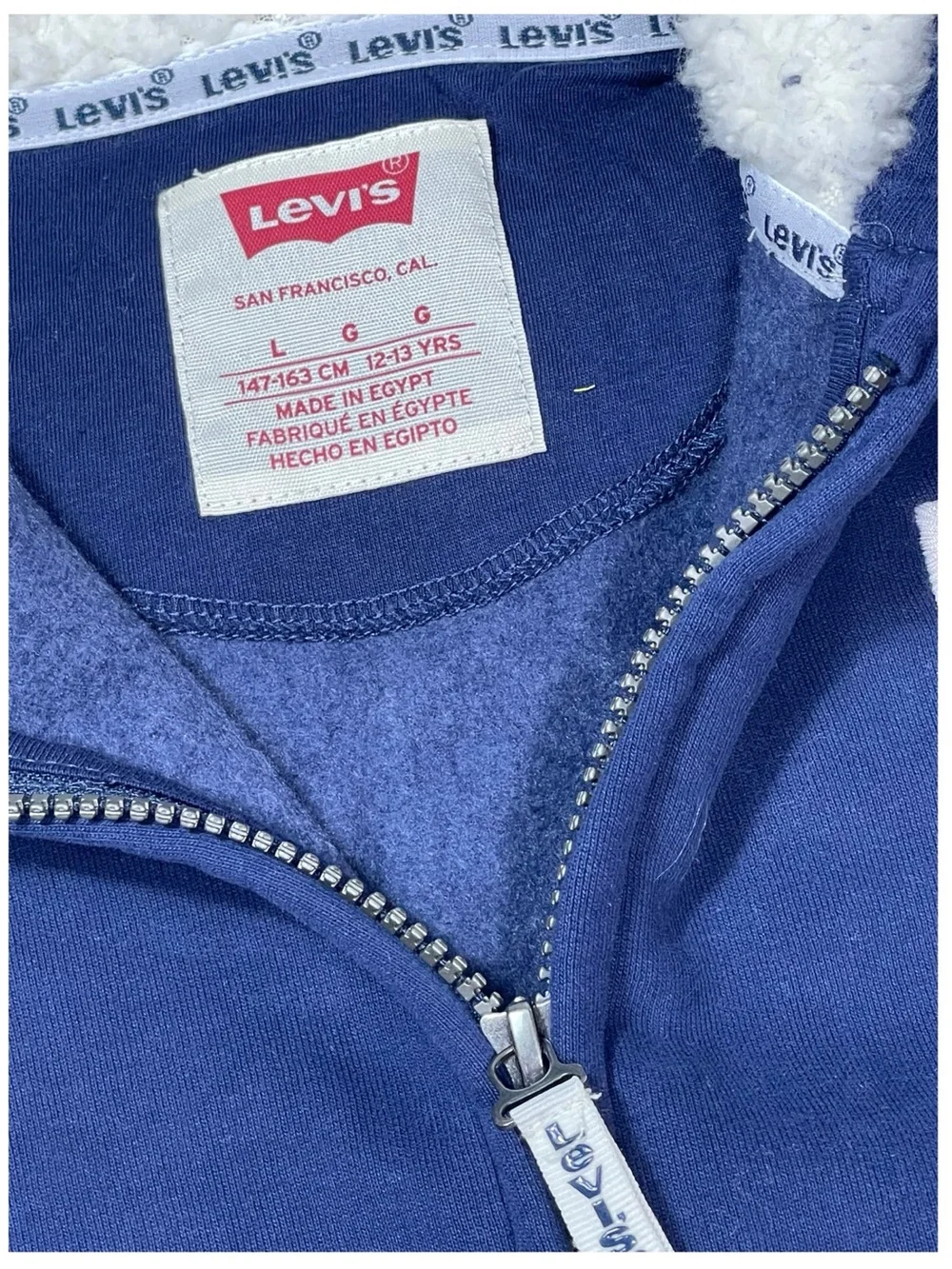 Levi's Kids Navy Hooded Zip Sweatshirt with Sherpa Lining Size LG Brand New